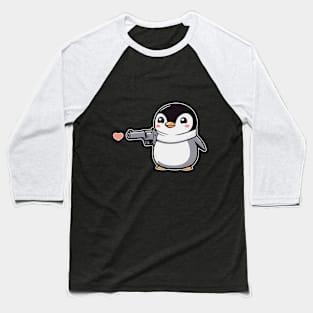 Funny Penguin with Pistol and Hearts Baseball T-Shirt